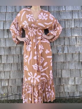 Abrand Brown Maxi Dress with Pink Abstract Print